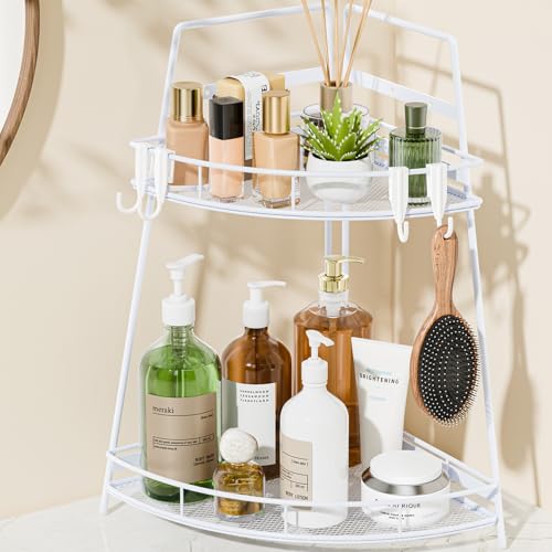 VITVITI 2 Tier Bathroom Counter Organizer Corner Vanity Shelf Storage White | Metal Bathroom Countertop Organizer, Bath Room Sink Makeup Organizers for Vanity Perfume Skincare with Hooks - color: White