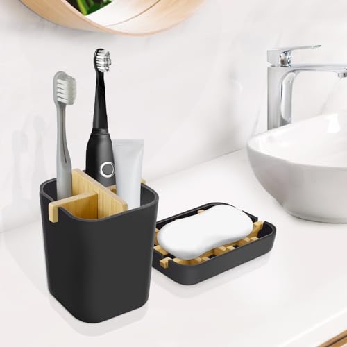 Toothbrush Holders and Soap Holder Set, Bathroom Accessories Countertop | 4 Slots Brush Holder, Plastic Soap Dish Tray, Bathroom Countertop Storage - color: Black