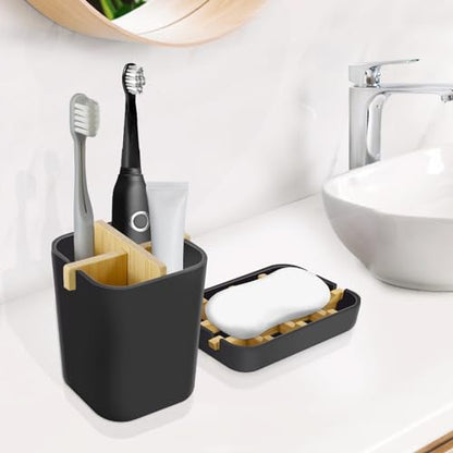 Toothbrush Holders and Soap Holder Set, Bathroom Accessories Countertop | 4 Slots Brush Holder, Plastic Soap Dish Tray, Bathroom Countertop Storage - color: Black