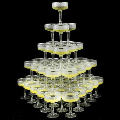 Champagne Tower 7 oz Plastic Champagne Coupe Glasses Set Stackable Plastic Ribbed Martini Glasses Unbreakable Acrylic Cocktail Coupe Cups for Wedding Birthday (Glitter,Silver,Set of 55) - color: Sliver, size: Glitter