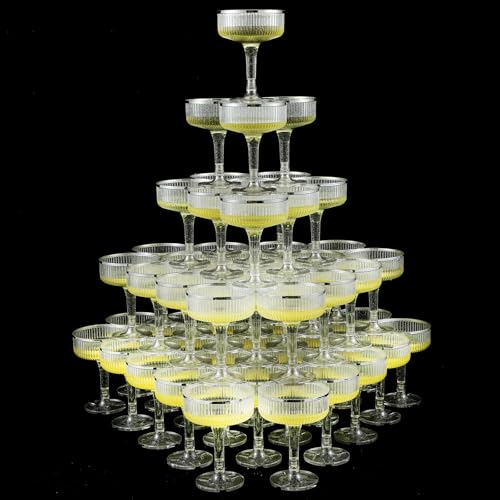 Champagne Tower 7 oz Plastic Champagne Coupe Glasses Set Stackable Plastic Ribbed Martini Glasses Unbreakable Acrylic Cocktail Coupe Cups for Wedding Birthday (Glitter,Silver,Set of 55) - color: Sliver, size: Glitter
