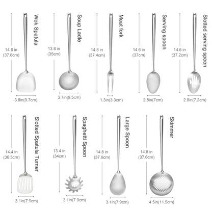 18/10 Stainless Steel Cooking Utensils Set,9 Pcs Professional All Metal Stainless Steel Kitchen Utensils Set with Wok Spatula,Soup Ladle,Skimmer,Slotted Spatula Turner, Large Spoon(Dishwasher Safe)
