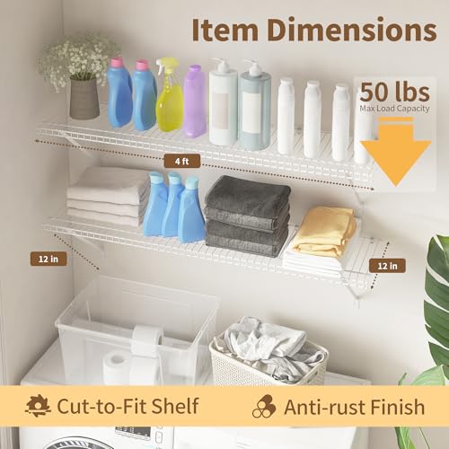 PROWORX Closet Shelves Wall Mounted, 2 Pack 4 ft x 12 in White Wire Shelving Kit, Metal Wall Shelf Organizer for Home, Pantry, Laundry Room Storage