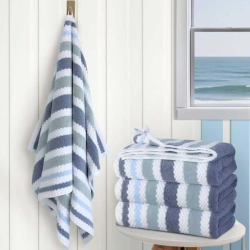Striped Bath Towels (4PC, 28"x52") - Quick Dry | Absorb | Lightweight | 540GSM | Soft, Cotton Polyester Blend Bath Towels, Decorative Bath Towel with Hanging Loops, Blue-Grey Stripes + White Checkered - color: Blue-gray and White, size: 4 PC Bath Towel Se