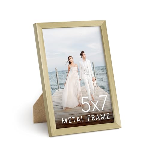 HAUS AND HUES 5x7 Gold Picture Frame - Modern Aluminum Wall Art Display - Lightweight 5x7 Frame for Photos, Prints, Posters - Tabletop or Wall Mount - color: Gold Metal, size: 5x7 in, style: Set of 01