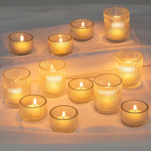 Glasseam Clear Glass Votive Candle Holders: Small Tea Light Candle Holders in Bulk, Ribbed Vintage Candle Holder Set of 24, Decorative Tealight Holders for Wedding Centerpieces Party Decorations | Small Tea Light, Set, Fluted Thick Glass, Decorative, Wedd