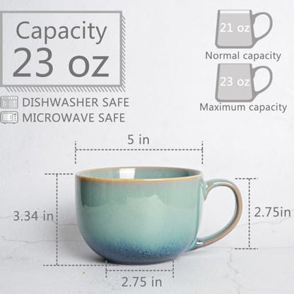 Bosmarlin Ceramic Large Coffee Mug Set of 2, 23 Oz, Jumbo Mug Soup Bowls with Handles, Dishwasher and Microwave Safe (23 Oz, Pale Green) - color: Pale Green
