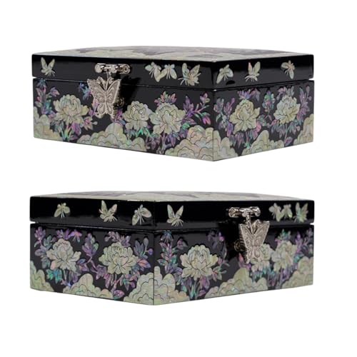 Korean Mother-of-Pearl Keepsake Box with Mirror – Floral & Butterfly Inlay – Handmade Trinket Memory Box – Black Lacquer Gift for Women, Birthday, Anniversary, Christmas (Peony & Butterfly) - style: Peony & Butterfly