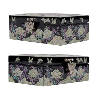 Korean Mother-of-Pearl Keepsake Box with Mirror – Floral & Butterfly Inlay – Handmade Trinket Memory Box – Black Lacquer Gift for Women, Birthday, Anniversary, Christmas (Peony & Butterfly) - style: Peony & Butterfly