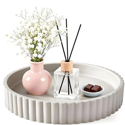 11" Round Fluted Concrete Decorative Tray, Gray Ribbed Modern Vanity Tray for Coffee Table, Bathroom Counter, Kitchen Island, Elegant Centerpiece for Home Decor, Bandeja Decorativa