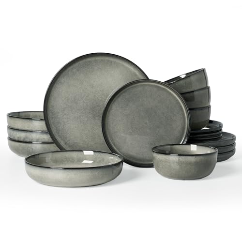 Famiware Milkyway 16-Piece Stoneware Plates and Bowls, Greenish Brown | Dinnerware Set with Pasta Bowls for 4, Handmade Reactive Glaze Dish Set, Microwave/Dishwasher Safe, Chip/Scratch Resistant - color: Greenish Brown, size: Service for 4 (Include Pasta