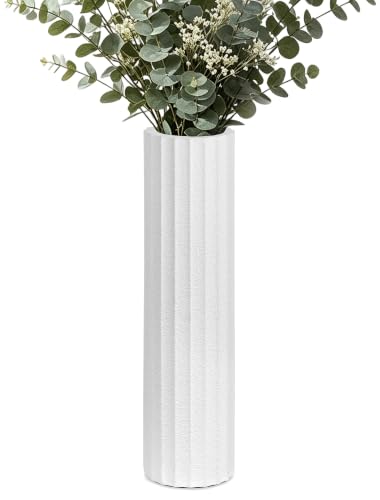 Hanobe 21.5" Tall White Floor Vase, Decorative Stone-Textured Ribbed Finish | Wood core resists tipping; for modern farmhouse living room, bedroom, entryway decor; fits pampas grass, dried flowers - color: White