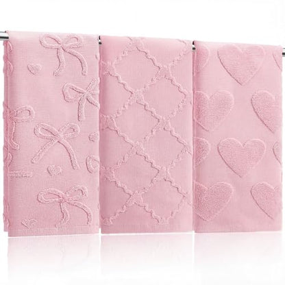 Hahafelt 3 Pack Pink Bow Hand Towels Heart Bathroom Towels 100% Cotton Soft Absorbent Decorative Jacquard Weave Gifts for Kitchen Bathroom Decor, 29.5 x 13.7 Inch - style: pink bow