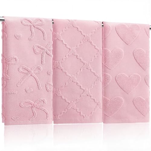 Hahafelt 3 Pack Pink Bow Hand Towels Heart Bathroom Towels 100% Cotton Soft Absorbent Decorative Jacquard Weave Gifts for Kitchen Bathroom Decor, 29.5 x 13.7 Inch - style: pink bow