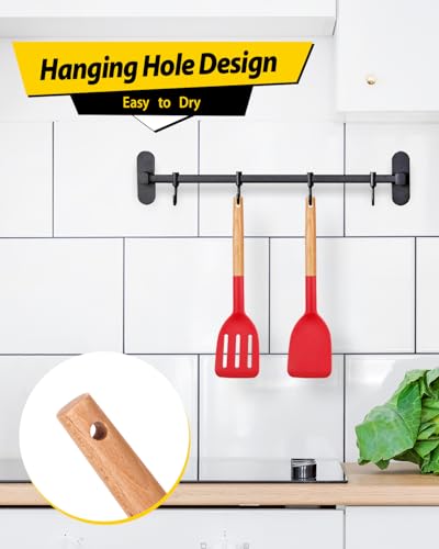 Pack of 2 Silicone Cooking Spatula, Heat Resistant Solid Turner, Non Stick Slotted Spatulas with Wooden Handle,Ideal Wood Kitchen Utensils Set for Frying, Baking, Flipping, Turning (RED) - color: Red