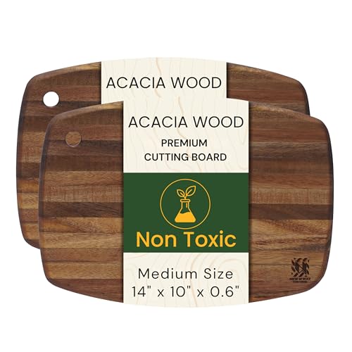 Set of 2 Acacia Wood Oval Cutting Boards 14" x 10" x 0.6" Thin, Handle & Hanging Hole, Edge Grain Solid Hardwood for Kitchen Prep, Cheese, Fruit, Bread, Non-Toxic, BPA/Plastic Free by New M Way - size: 14" x 10" x 0.6" (Set 2)