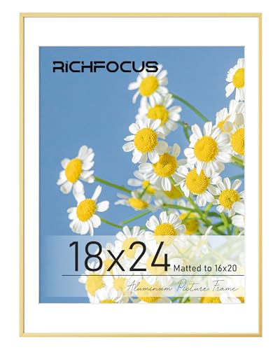 RICHFOCUS 18 x 24 Poster Frame Gold|18x24 Picture Frame with Mat for 16x20|24 x 18 Metal Aluminum Frame for Wall with Tempered Glass|Hanging Hardwares Included, Set of 1 - color: Gold, size: 18x24-1P-Tempered Glass