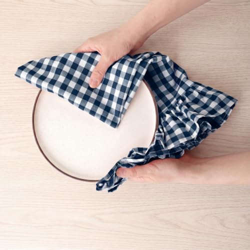HunnmingRe Navy Blue Kitchen Towels Set of 2, 100% Cotton Ruffled Gingham Dish Towels 18"x28" Absorbent Tea Cloths Classic Plaid Pattern for Farmhouse Charm, Drying Dishes, Entertaining Guests - color: Navy Blue, style: Gingham