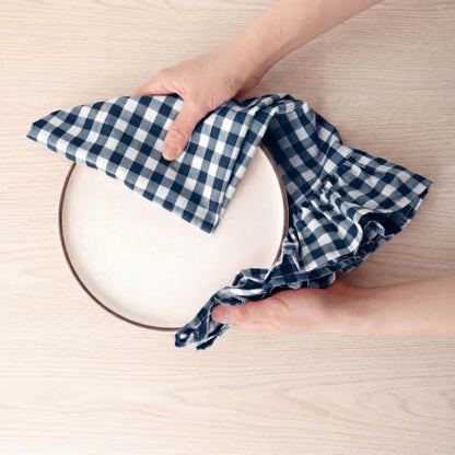 HunnmingRe Navy Blue Kitchen Towels Set of 2, 100% Cotton Ruffled Gingham Dish Towels 18"x28" Absorbent Tea Cloths Classic Plaid Pattern for Farmhouse Charm, Drying Dishes, Entertaining Guests - color: Navy Blue, style: Gingham