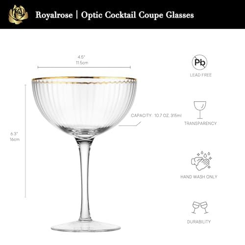 Royalrose Premium Cheerfull 10.7 oz Gold Rim Coupe Glasses Set of 4 | Vintage Gold Rim, Hand-Blown Fine Fluted Glass – Elegant Barware for Cocktails, Parties & Home Entertaining