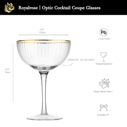 Royalrose Premium Cheerfull 10.7 oz Gold Rim Coupe Glasses Set of 4 | Vintage Gold Rim, Hand-Blown Fine Fluted Glass – Elegant Barware for Cocktails, Parties & Home Entertaining