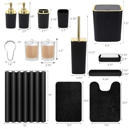 XLHOMO Bathroom Set with Shower Curtain and Rugs- 25PC Bathroom Accessory Set, Black Shower Curtain Set, Toilet Brush, Trash Can, Qtip Holder & Soap Dispenser - size: Bath Set+Shower Curtain+Rugs, style: Black&Gold