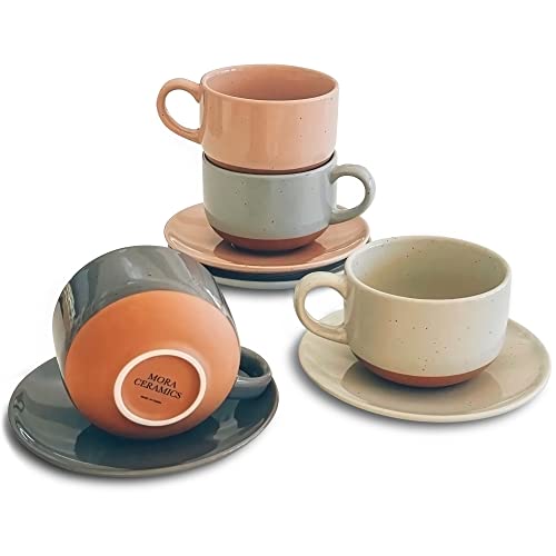 Mora Ceramics 8oz Cappuccino Mug Set of 4 - Ceramic Coffee Cups with Saucers - Microwave and Dishwasher Safe, Perfect For Tea, Espresso, Latte - Porcelain Mugs for Kitchen or Cafe - Assorted Neutrals - color: Assorted Neutral