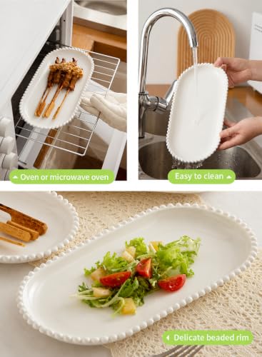 12 Inch Porcelain Serving Platters, White Ceramic Trays, Set of 6 | Oval Serving Plate with Beaded Edge, For Steak, Taco, Sushi, Appetizer, Cake, Dishwasher & Oven Safe