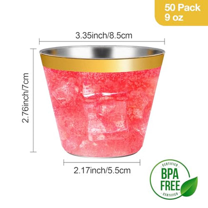 Goodluck 50PCS 9oz Gold Disposable Cups, Plastic Cups with Gold Rim | Cocktail Cups for Wedding, Party and Birthday - color: Gold-9oz, size: 50 Pack