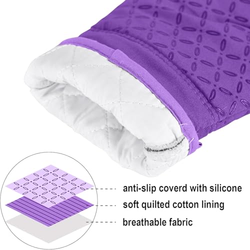 KEGOUU Oven Mitts and Pot Holders 6pcs Set, Kitchen Oven Glove High Heat Resistant 500 Degree Extra Long Oven Mitts and Potholder with Non-Slip Silicone Surface for Cooking (Purple) - color: Purple