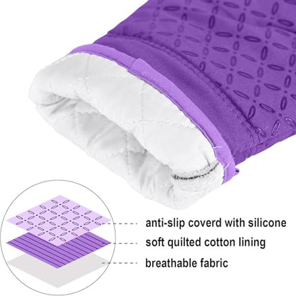KEGOUU Oven Mitts and Pot Holders 6pcs Set, Kitchen Oven Glove High Heat Resistant 500 Degree Extra Long Oven Mitts and Potholder with Non-Slip Silicone Surface for Cooking (Purple) - color: Purple