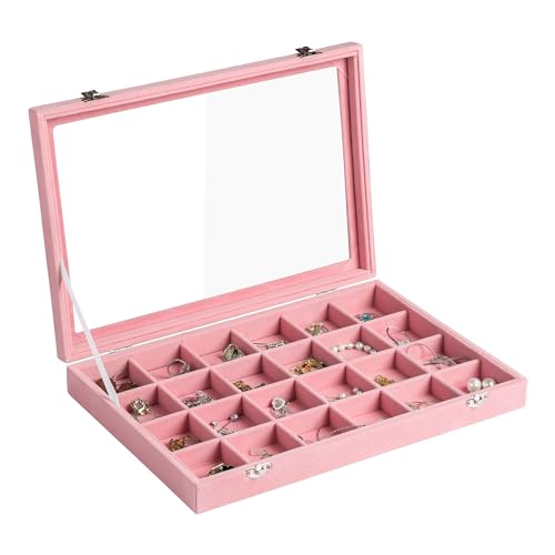 24 Grid Earring Organizer,Velvet Jewelry Tray with Clear Lid | Drawer Jewelry Organizer for Rings Studs Brooch,Adjustable Divider,Dustproof Design,Earring Storage,Trinket Box,13.8×9.5Inch - color: Pink, size: 24 Grid