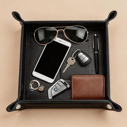 Valet Tray Desktop Storage Organizer – Vegan Leather Catchall Tray Bedside Vanity Tray Nightstand Caddy Holder for Remote Controller, Watch, Keys, Phone, Wallet, Coin, Jewelry, Black - color: Black