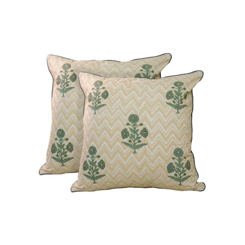 JBH Hand Block Print Reversible Throw Pillow Covers 18x18 Inch Set of 2 – Handmade (Green, Cream, 18x18 inch) - color: Green, Cream