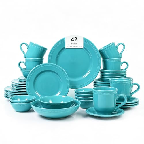 HomeVSS 42-Pc Pearl Dots Stoneware Dinnerware Set, Turquoise, Service for 6 | plates and bowls sets，dinnerware sets for 6,Pearl Dots Dinnerware，Microwave and Dishwasher Safe - color: Turquoise, size: 42pc Set