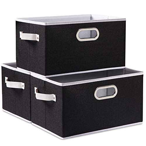 Fodable Storage Bins for Closet [3-pack] Decorative Fabric Storage Baskets Cubes with Leather/Metal Handles for Shelves Bedroom Living Room Black (11.5x8.5x6.7 Inch) - color: Black, size: Medium(3-Pack)