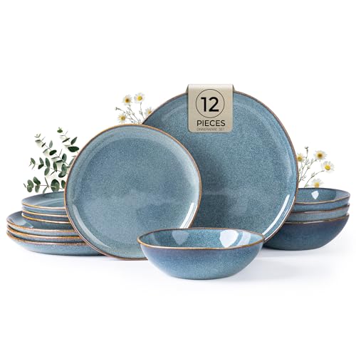 AmorArc Ceramic Dinnerware Sets for 4, 12Pcs Plates and Bowls Sets Dishes | Stoneware Handmade Reactive Glaze Dinner Set, Highly Scratch Resistant | Dishwasher & Microwave Safe Dishware - color: Sky Blue, size: Service for 4