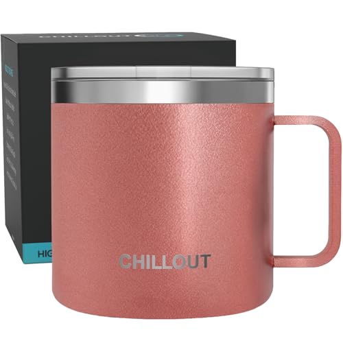 CHILLOUT LIFE Stainless Steel 16 oz - Vacuum Insulated Coffee Mug with Handle and Lid, Large Thermal Camping Coffee Mug Cup with Durable Sliding Lid for Women - Rose Gold - color: Rose Gold, size: 16 Ounces