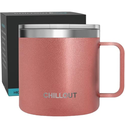 CHILLOUT LIFE Stainless Steel 16 oz - Vacuum Insulated Coffee Mug with Handle and Lid, Large Thermal Camping Coffee Mug Cup with Durable Sliding Lid for Women - Rose Gold - color: Rose Gold, size: 16 Ounces