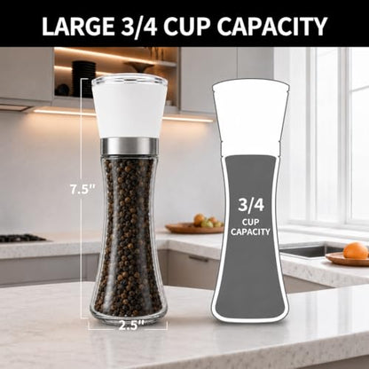 Premium Salt and Pepper Grinder Set of 2, 6 oz Refillable Glass Salt and Pepper Shakers with Adjustable Ceramic Grinder, Manual Pepper Mill Set Includes Funnel & Cleaning Brush, Transparent Lid - color: White, size: 2.5"W x 7.5"H