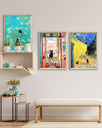 UPWOIGH Classic Art Black Cat Framed Wall Art, 12 x 16 Inch, Set of 3 | Matisse and Van Gogh Inspired Scenes, Colorful Black Cat Prints, Beige Oak Wood Frames for Bedroom, Office and Gallery Wall - color: Pink and Yellow
