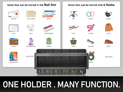Rebee Vision Key Holder for Wall Set : 10'' Key Rack with 5 Metal Hooks and 13'' Mail Organizer Basket with 6 Key Hooks, Wooden Key Hanger with Mounting Hardware for Bags, Coats, Letters - Black