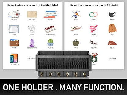 Rebee Vision Key Holder for Wall Set : 10'' Key Rack with 5 Metal Hooks and 13'' Mail Organizer Basket with 6 Key Hooks, Wooden Key Hanger with Mounting Hardware for Bags, Coats, Letters - Black