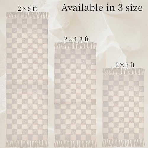 Boho Bathroom Rugs with Tassels Beige Checkered Runners for Hallways Cotton Tufted Rug Mat 2'x6' - color: Checkered Cream, size: Runner(2'x6')