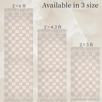 Boho Bathroom Rugs with Tassels Beige Checkered Runners for Hallways Cotton Tufted Rug Mat 2'x6' - color: Checkered Cream, size: Runner(2'x6')
