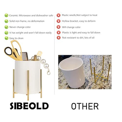 2pcs Sturdy Cutlery Holder White Ceramic With Metal Bracket Robust Silverware Caddy For Countertop - Spoon Holder Silverware Caddy - color: Gold white, size: S