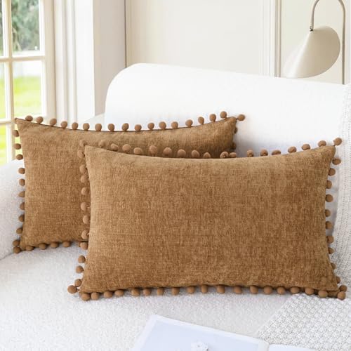 CaliTime Decorative Couch Throw Pillow Covers 20 X 12 Inches Apricot Brown | Pack of 2, Cozy Chenille Cushion Cases, with Pom Poms for Sofa Bed Living Room Farmhouse Home - color: Apricot Brown, size: 20" x 12" (Pack of 2)
