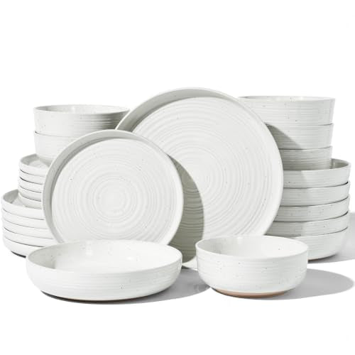 Stoneware Dinnerware Set with Pasta Bowls, Service for 6 | White, 24 pcs Ceramic Plates and Double Bowls, Speckled Spiral Dishes, Chip & Scratch Resistant, Microwave & Dishwasher Safe - color: White, size: Service for 6 (24pc) - Double Bowls
