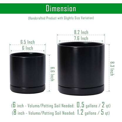 D'vine Dev 2-Pack Ceramic Pots with Saucers, 6/8 in, Black, 94-G-M-2 | Glazed Ceramic, Drainage Hole, Perfect-Fit Saucer, Sleek Cylinder Shape, High Temperature Fired, Elegant Home Accent - color: Black, size: Medium