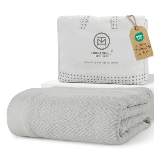 Threadmill Luxury Cotton Blankets for King Size Bed | All-Season Cozy 100% Cotton King Size Blanket | Herringbone Soft Fall Thermal Blanket fits California King Size Bed | Light Grey | 100% Cotton, Herringbone Pattern, 106x92 in, Breathable, All-Season, O